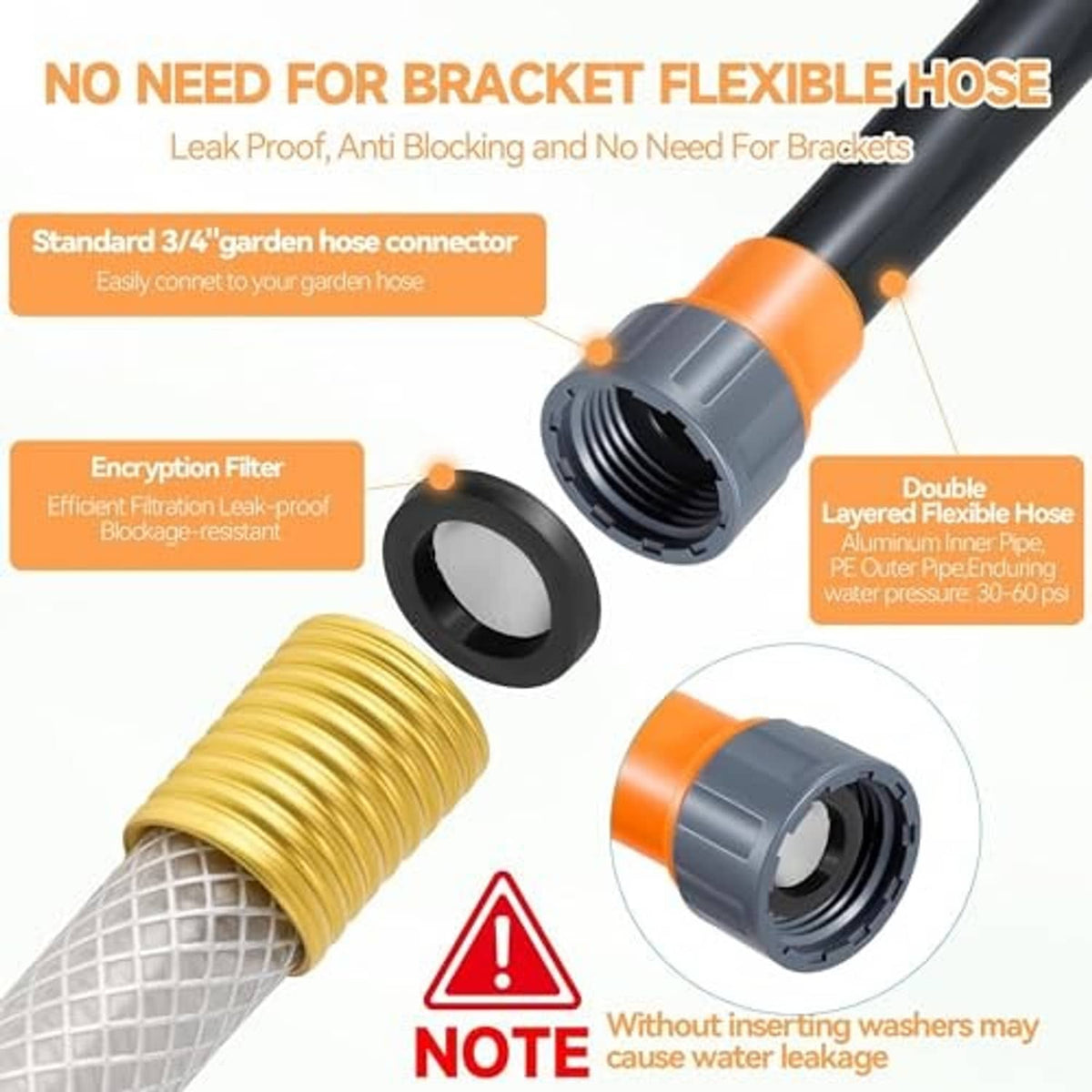 Misting system hose connector with orange coupler and black filter housing, flexible tubing