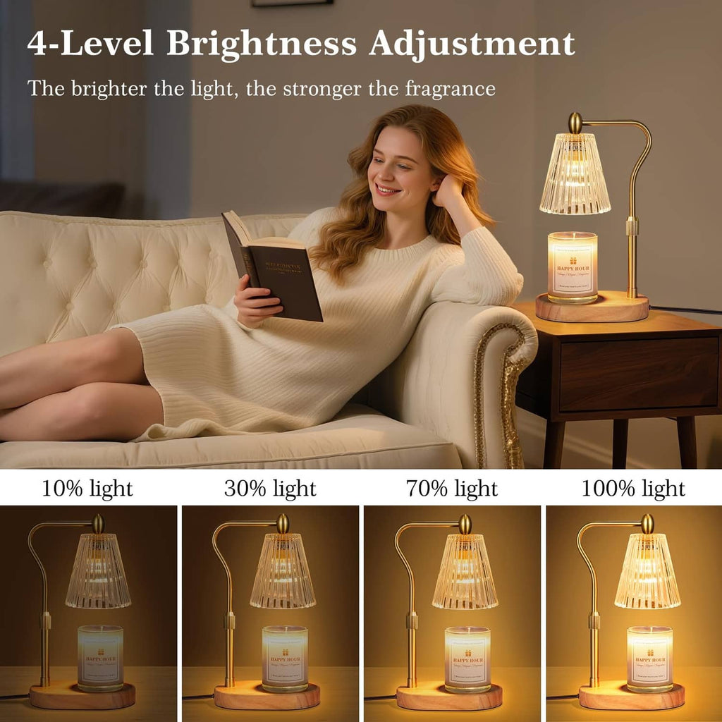 Amber candle warmer lamp with four brightness levels, lit candle jar on wooden base