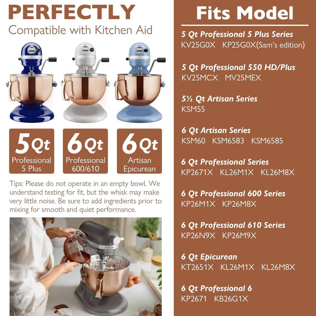 Copper mixing bowl compatibility graphic with copper bowl on mixer