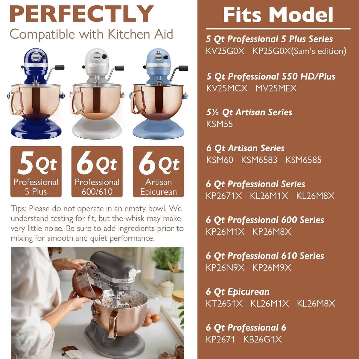 Copper mixing bowl compatibility graphic with copper bowl on mixer