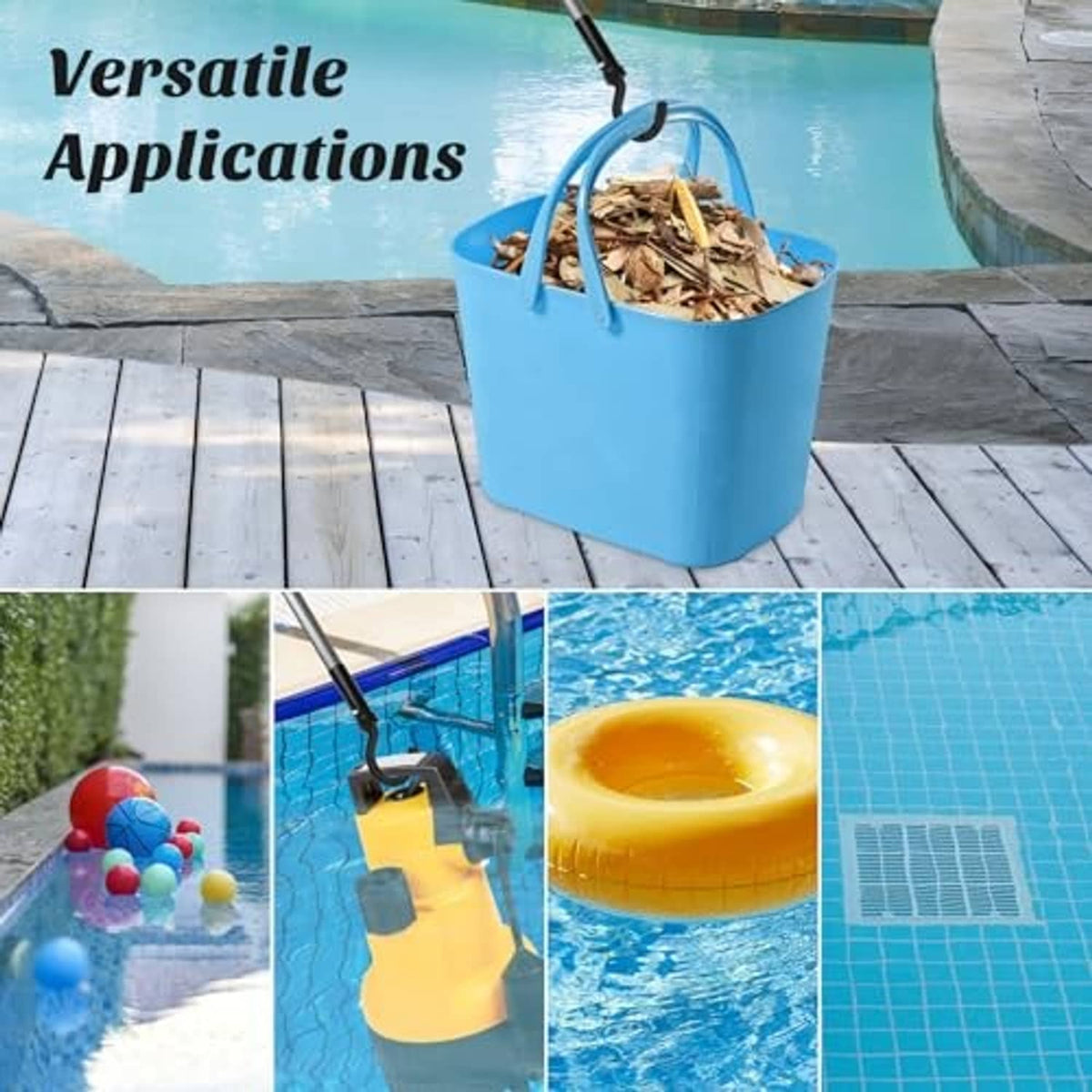 Black pool cleaner hook for robotic cleaners shown with versatile use scenarios