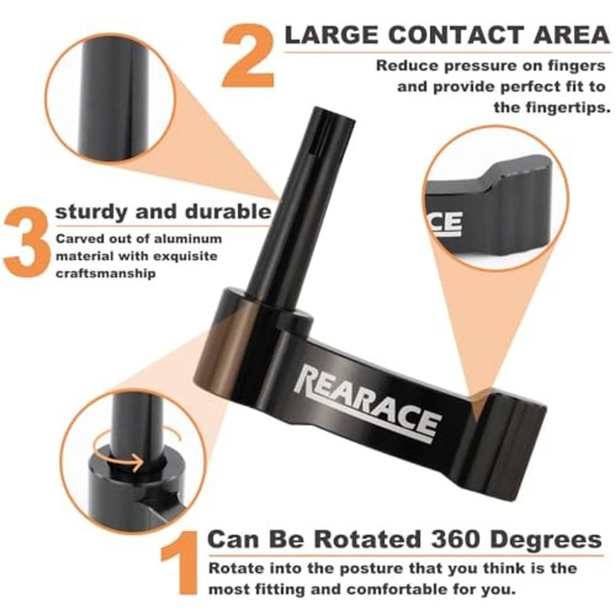 Thumb throttle lever infographic showing curved aluminum finger contact area and 360 rotation