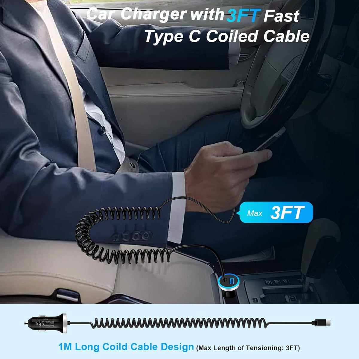 USB-C car charger with coiled Type-C cable in vehicle console, blue LED ring