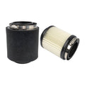 Air filter cartridge with black foam sleeve and pleated cream paper element, metal clamp ring