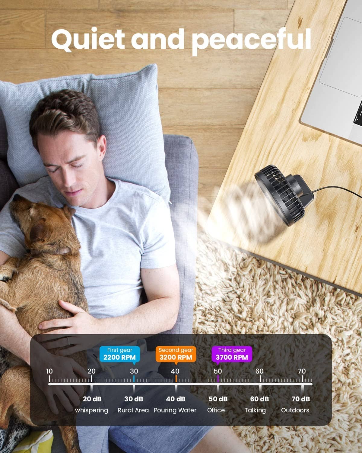 Black USB desk fan running near a couch with airflow toward the floor