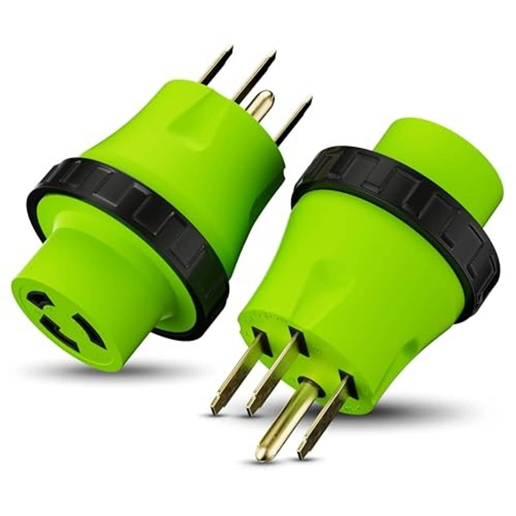Green twist-lock RV adapter showing male plug prongs and female outlet receptacle