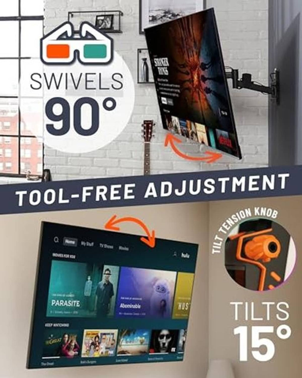 Swivel TV wall mount with black bracket, orange tension knob, and tilting arm
