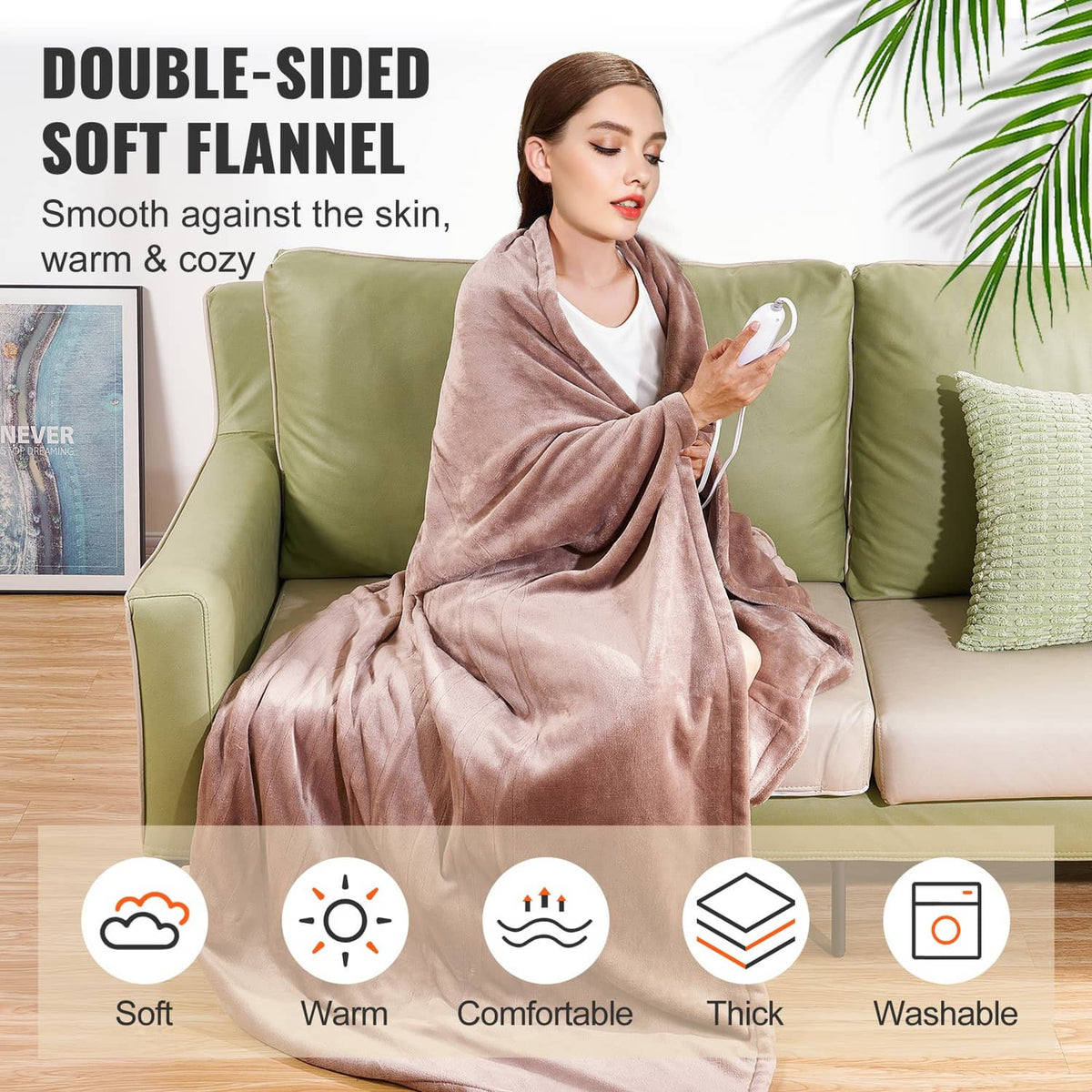 Taupe double-sided flannel electric heated throw blanket draped over shoulders