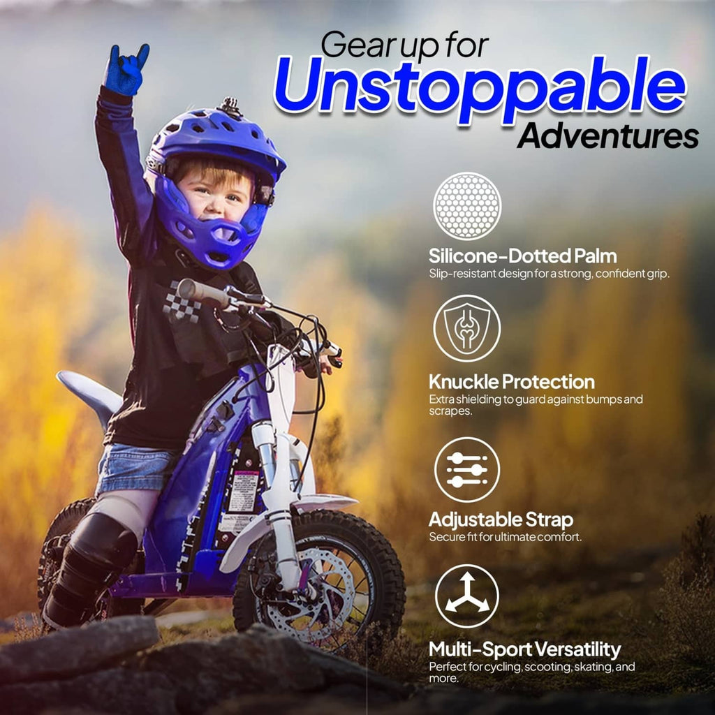 Youth motocross gloves on child hand, blue with grippy silicone-dotted palm