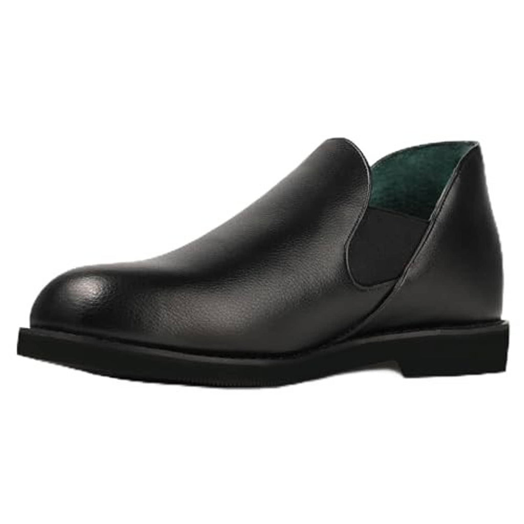 Men's black leather slip-on slippers with green interior lining and low rubber sole