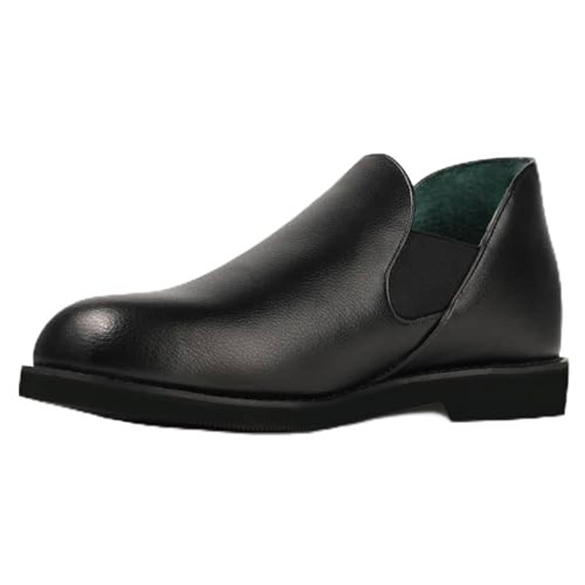Men's black leather slip-on slippers with green interior lining and low rubber sole