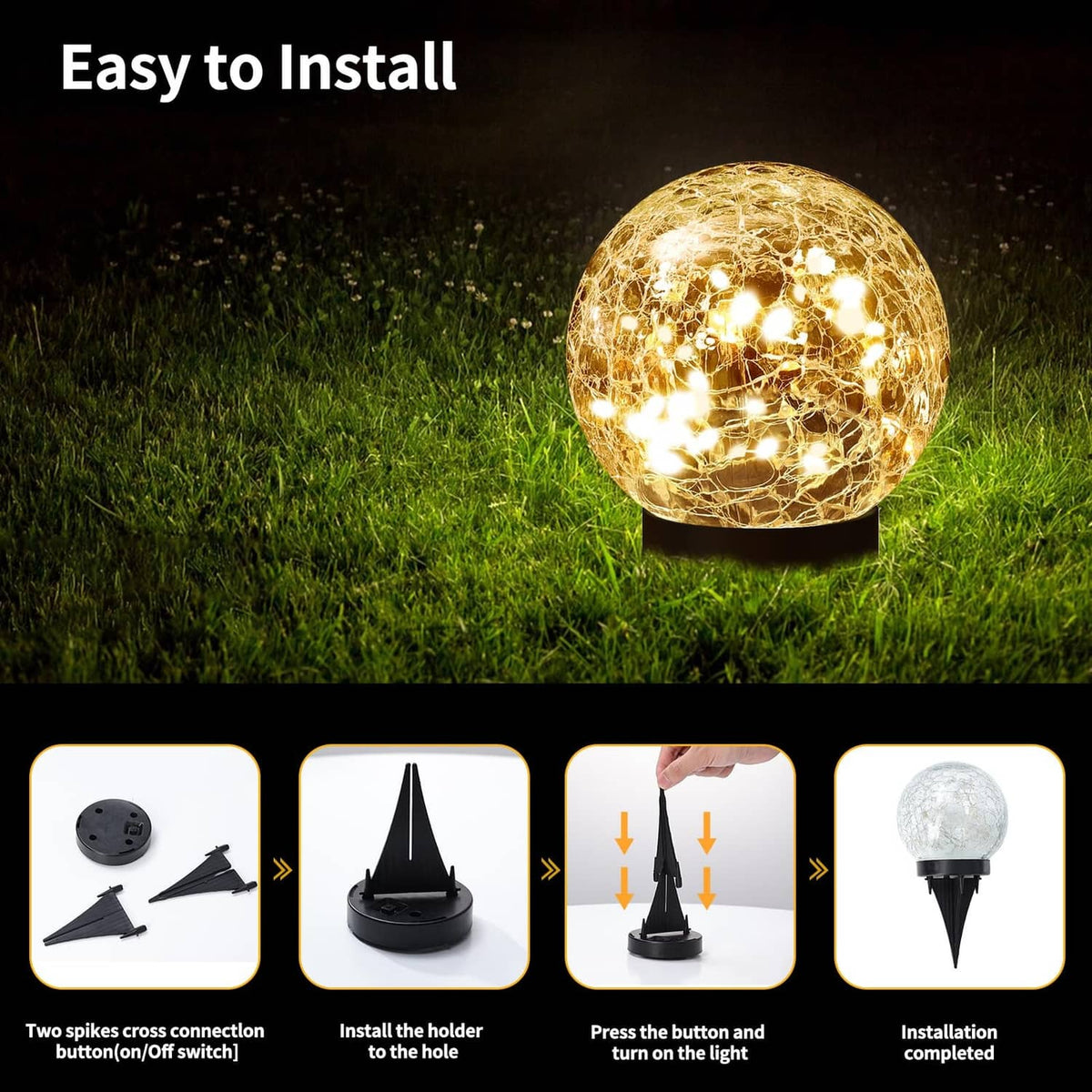 Warm-white solar glass globe light with glowing cracked sphere and spike base in grass