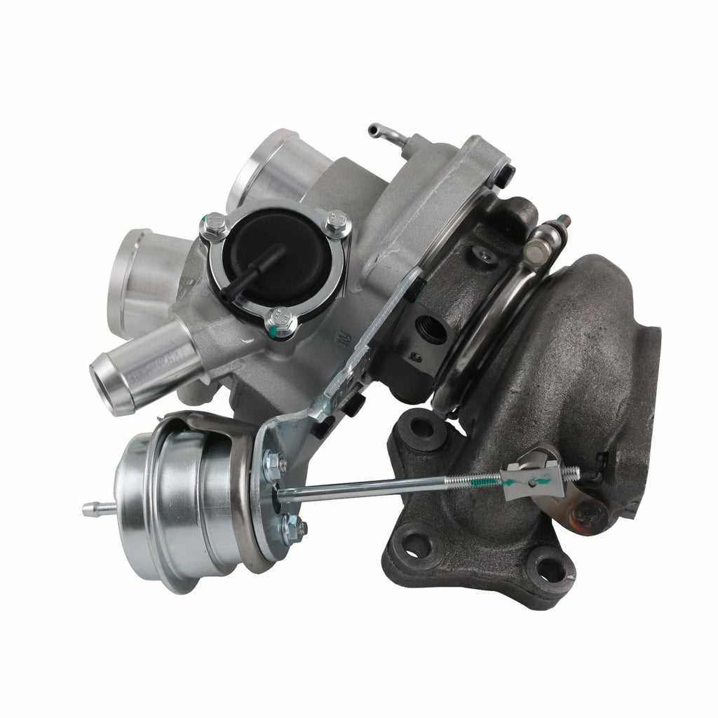 Right-hand turbocharger assembly close-up with turbine housing and mounting bracket