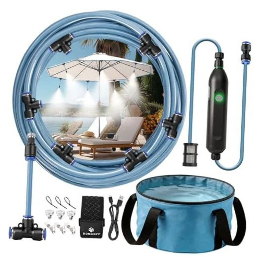 Portable outdoor misting system kit with blue hose ring, pump, nozzles and storage bag