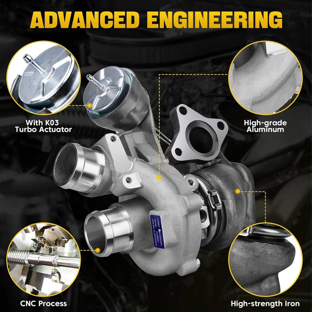 Turbocharger unit with actuator and aluminum housing detail, cast metal construction.