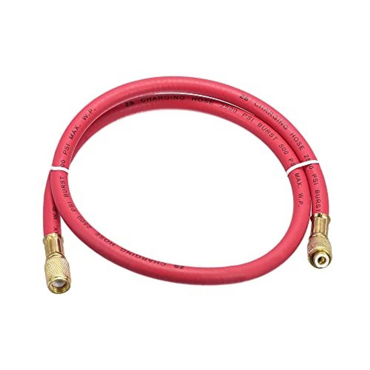 Red refrigerant charging hose with brass flare connectors on both ends, arced view