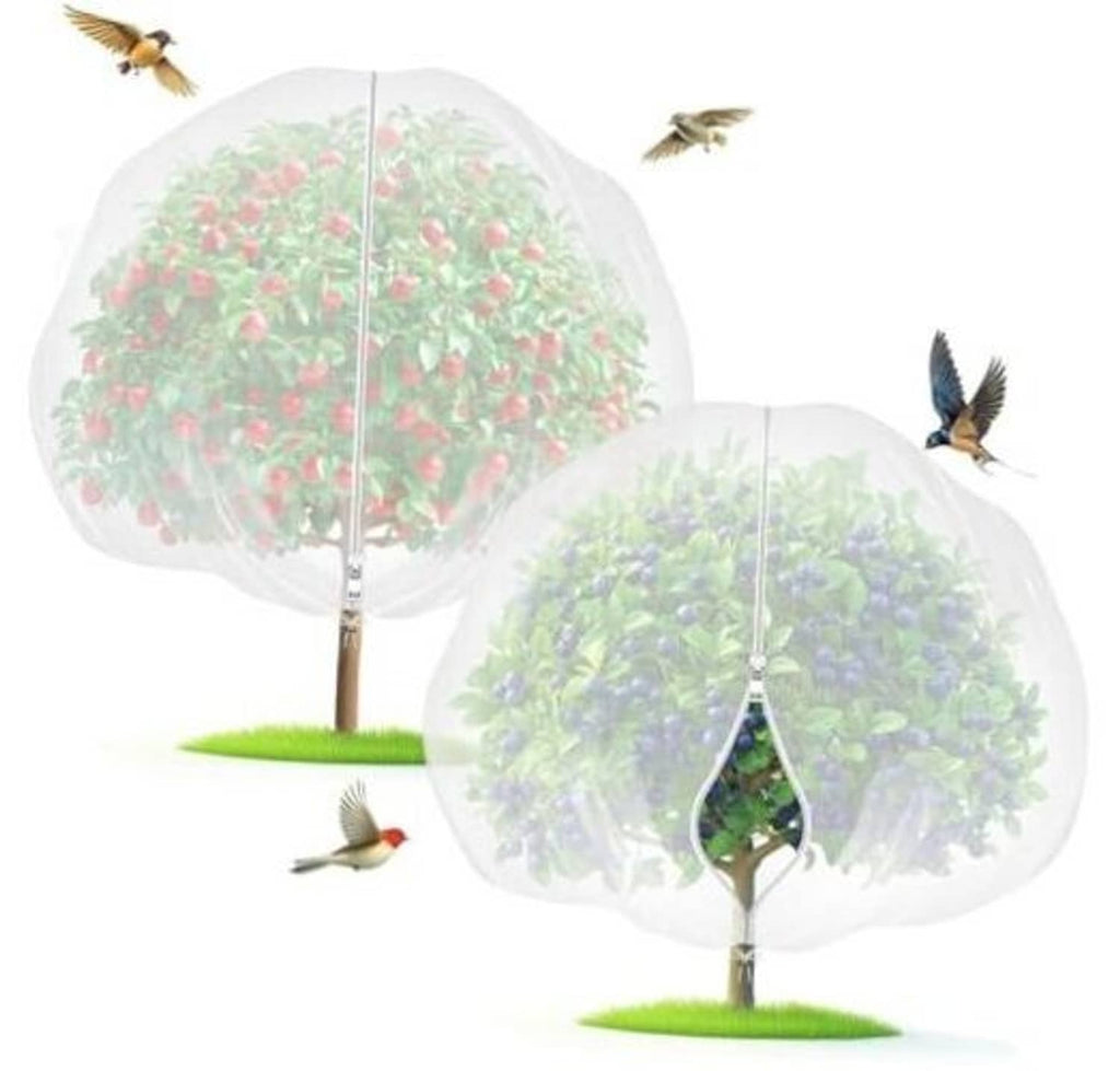 Fruit tree netting bag with zipper and drawstring, dome cover over a fruit tree