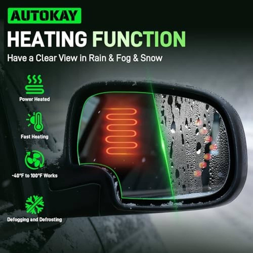 Heated side mirror glass diagram showing defogging and de-icing function