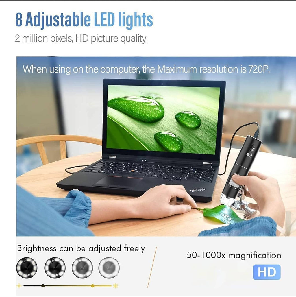 Skybasic wireless digital microscope with LED lights, black handheld device near a laptop
