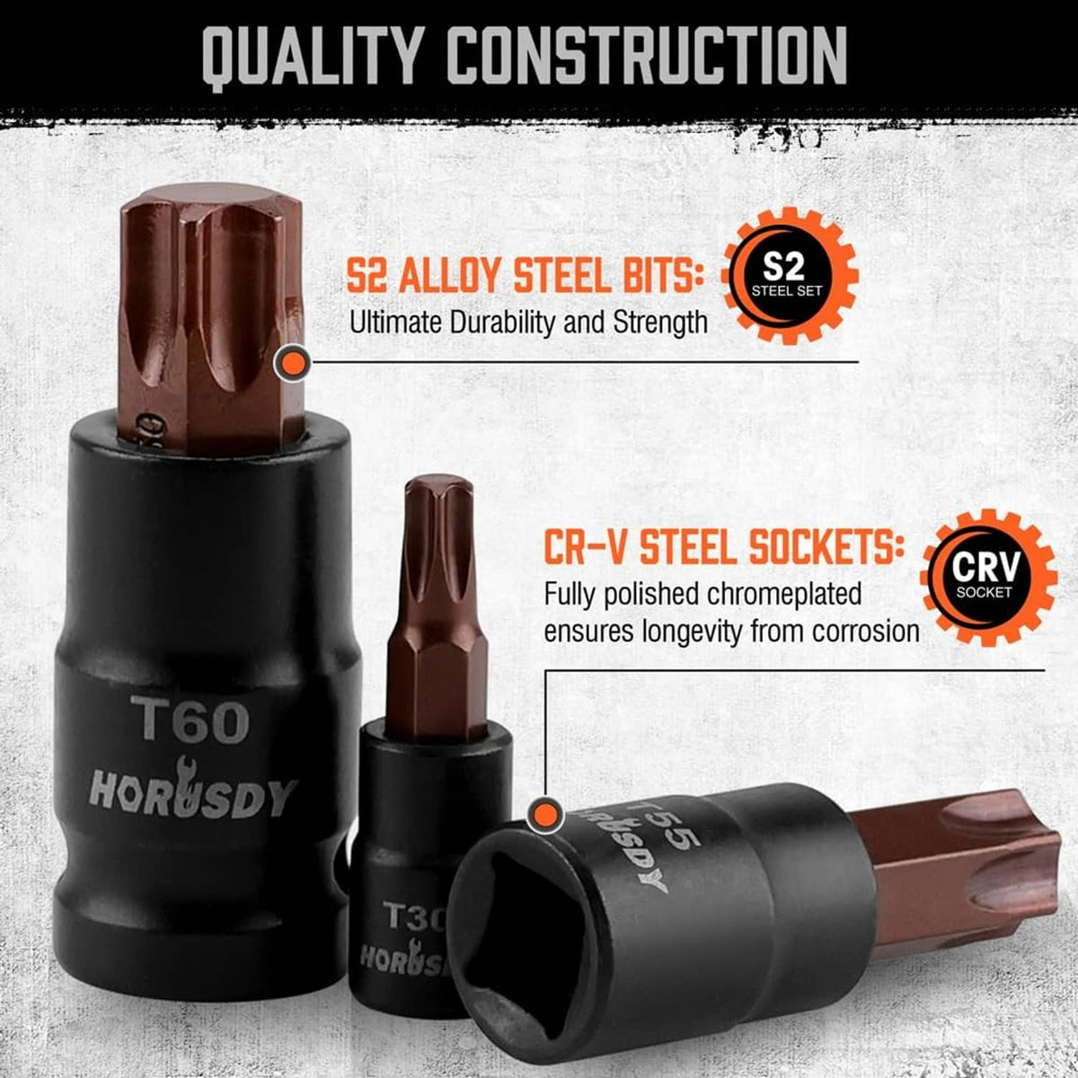Black Torx socket bits with brown tips, showing T60 and T30 markings