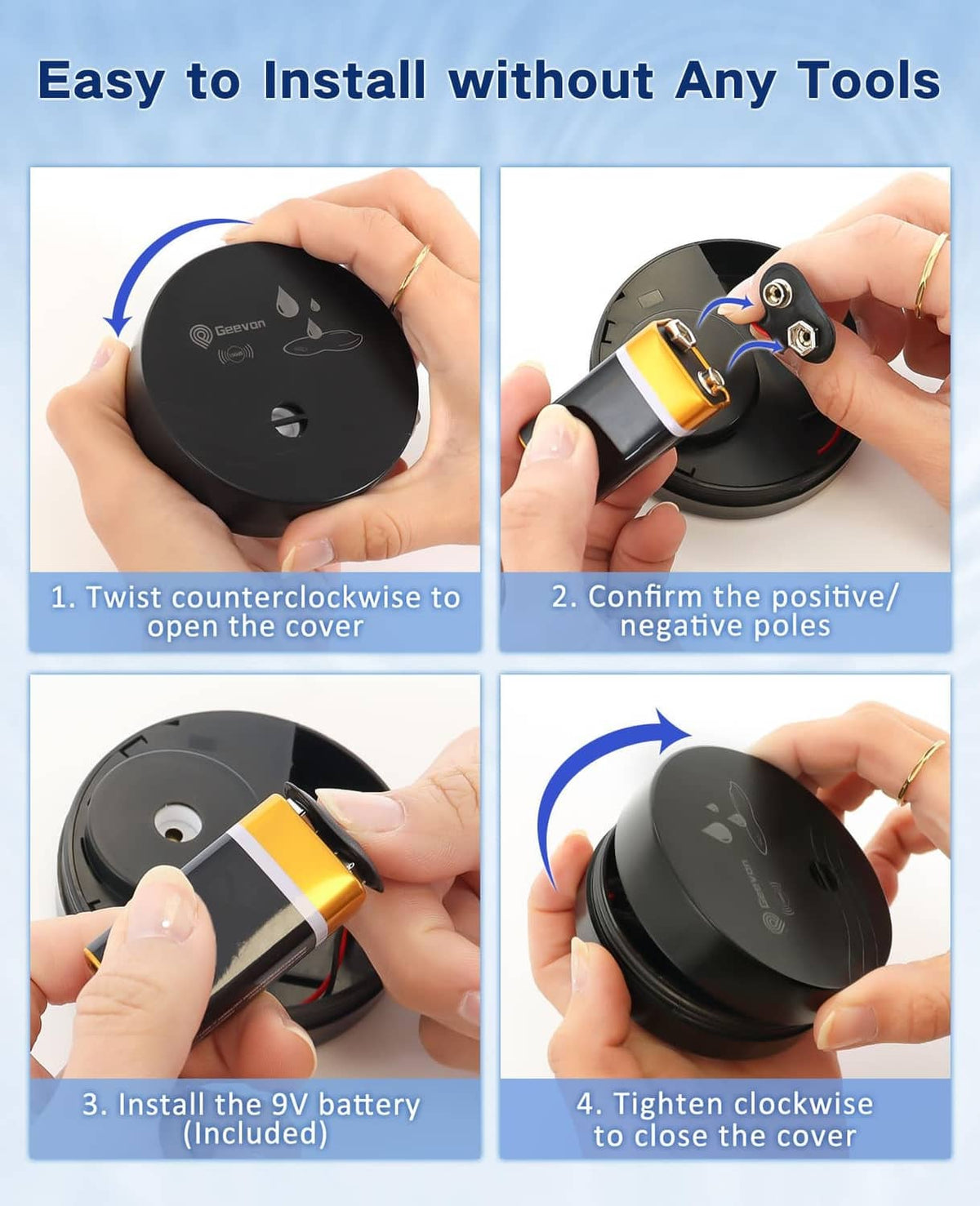Black water leak alarm detector with included 9V battery being installed