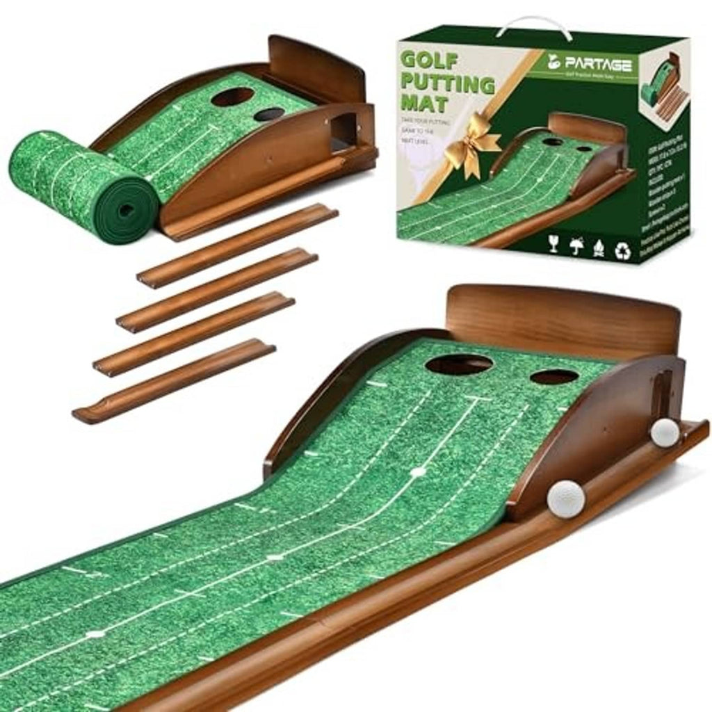 Indoor golf putting mat rolled mat and assembled green putting lane with cup holes