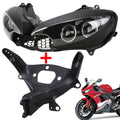 Black front headlight assembly with upper fairing stay bracket, grille and mounting tabs