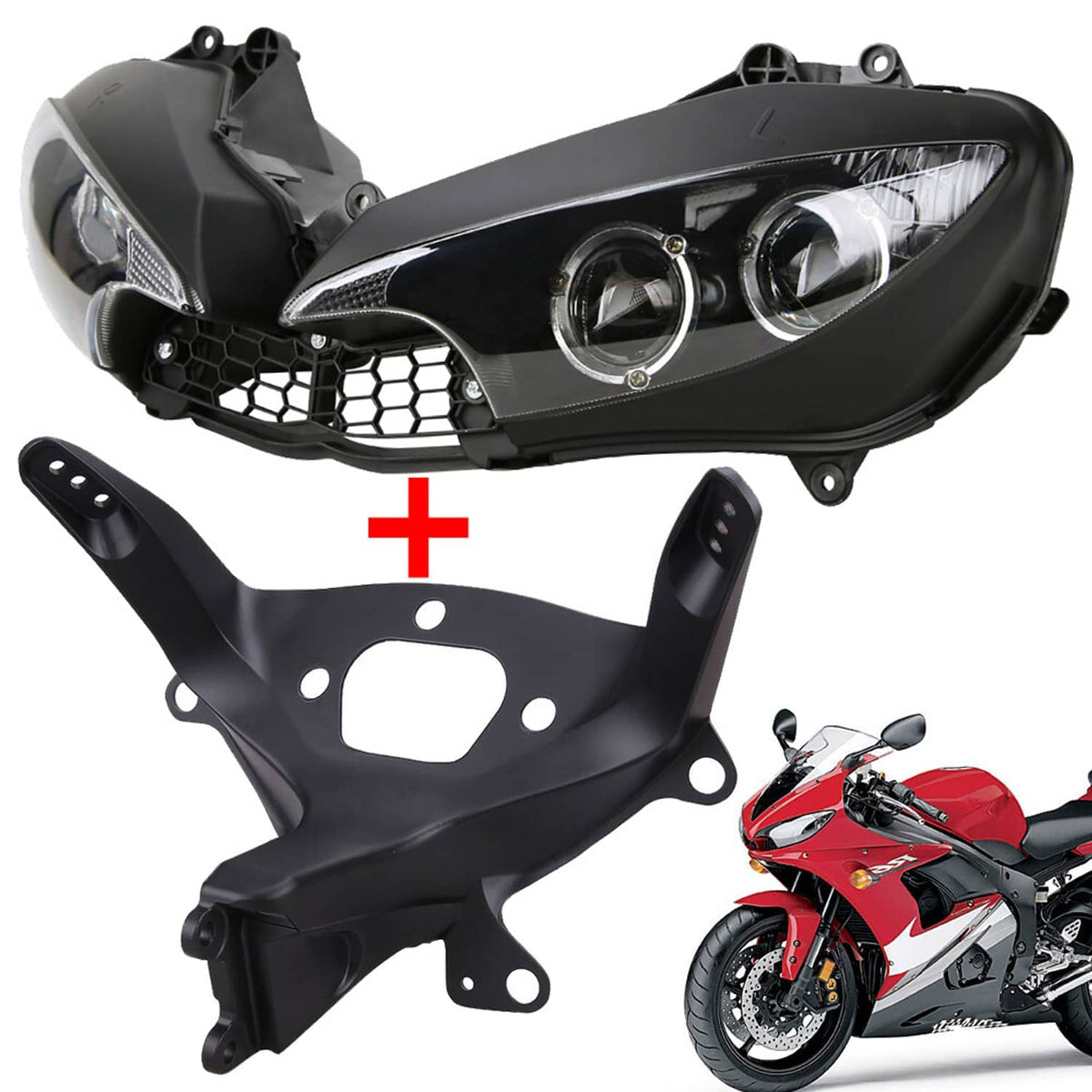 Black front headlight assembly with upper fairing stay bracket, grille and mounting tabs