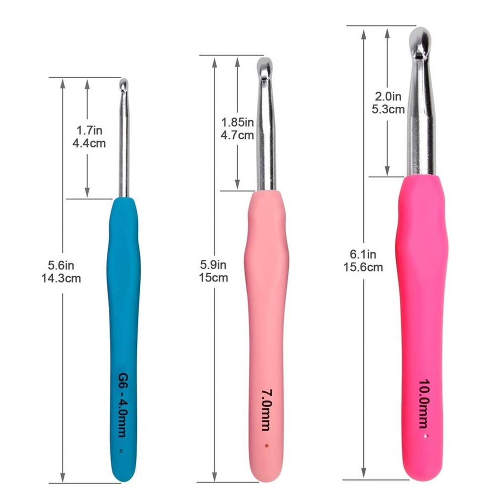 Three crochet hooks with ergonomic grips (blue, pink, fuchsia) and size markings in inches
