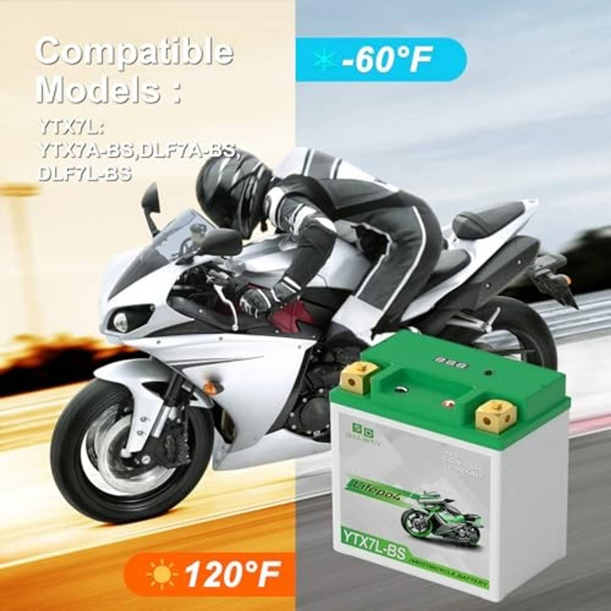 LiFePO4 motorcycle battery with green top beside a sport motorcycle