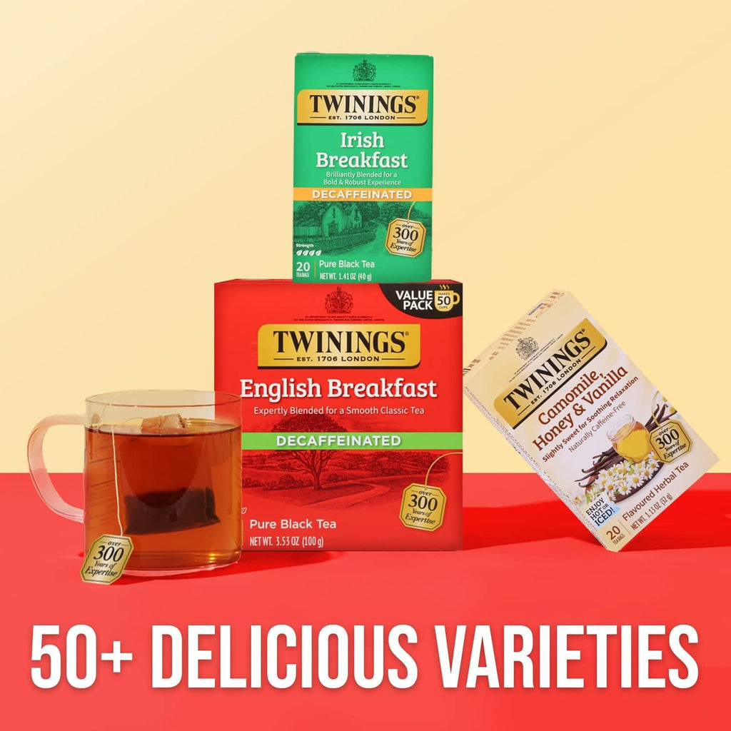 Twinings decaffeinated tea boxes with English Breakfast box and single tea bag packs