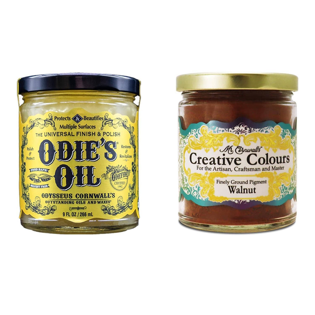 Odie's Oil walnut pigment jar set, two glass jars with gold and brown lids