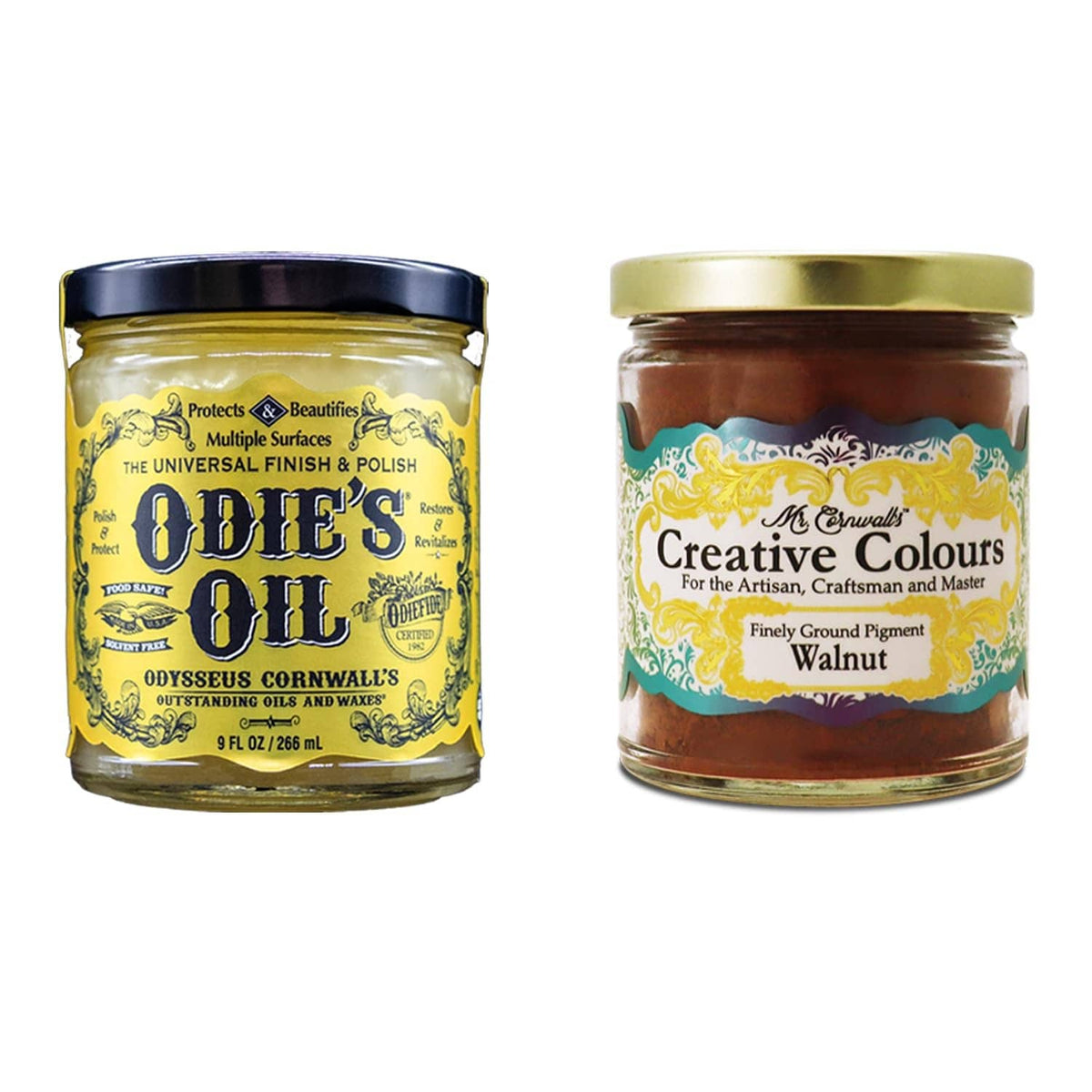 Odie's Oil walnut pigment jar set, two glass jars with gold and brown lids
