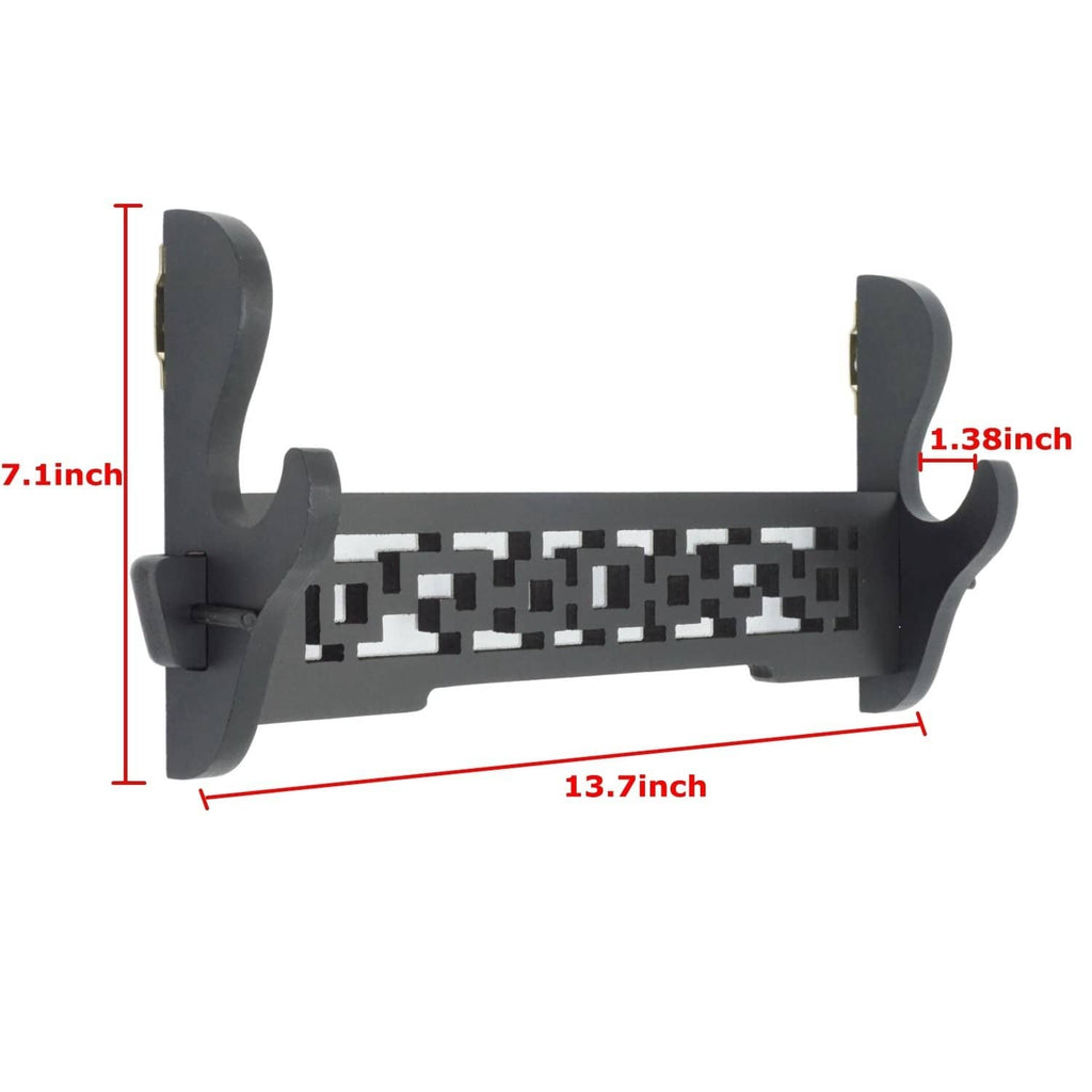 Black wall-mount sword holder, approx 13.7 in long, 7.1 in tall, 1.38 in slot.