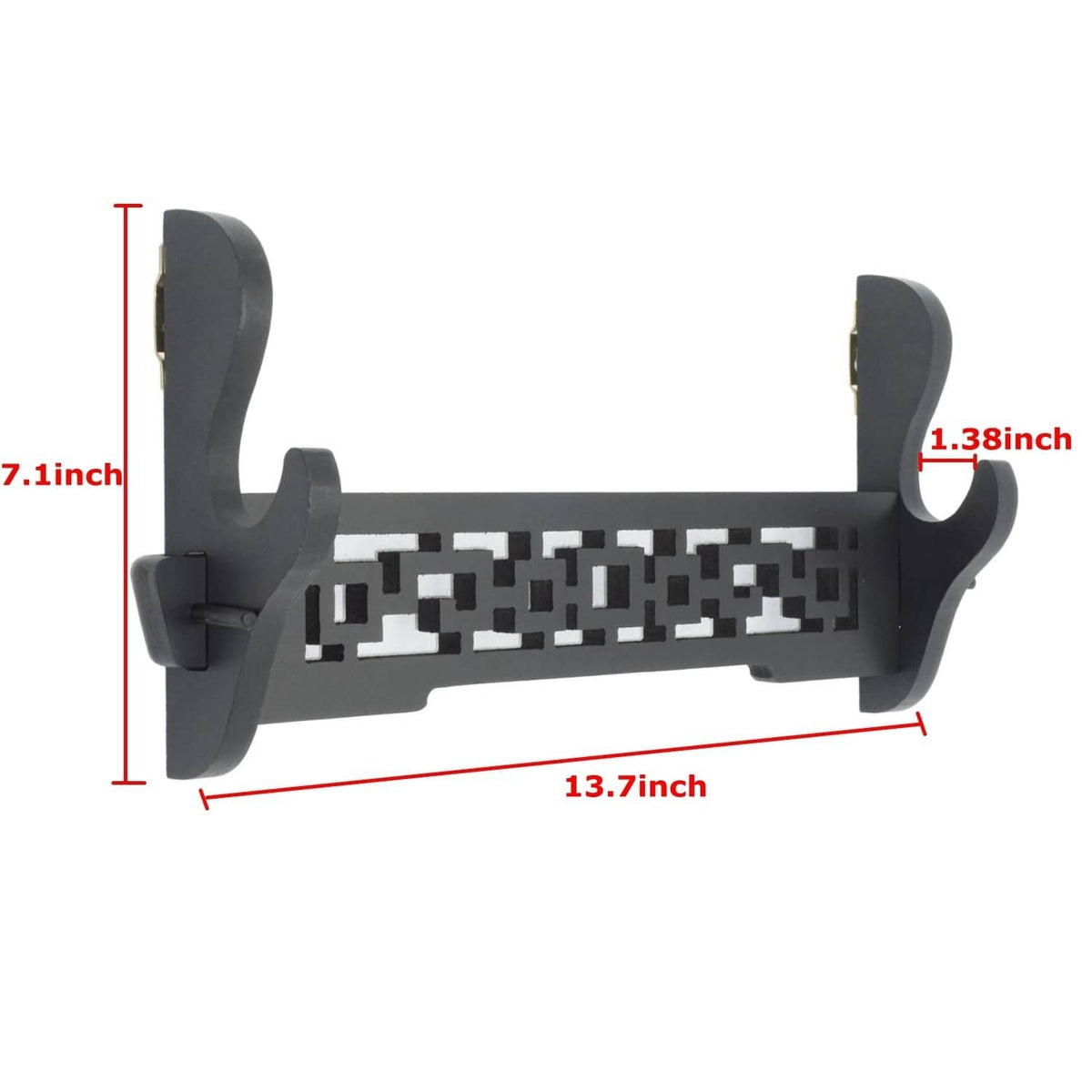 Black wall-mount sword holder, approx 13.7 in long, 7.1 in tall, 1.38 in slot.