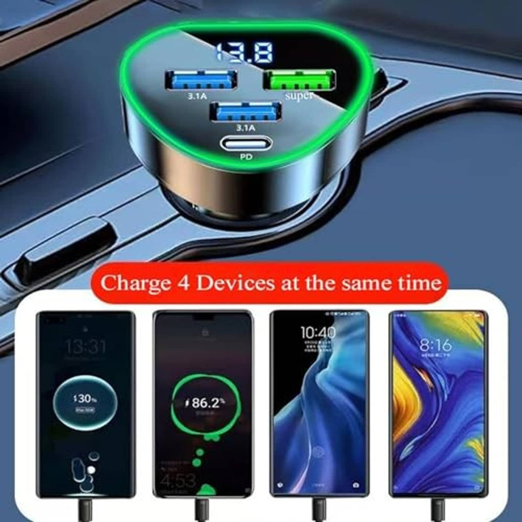 Car multi-port charger with green LED voltage display and four connected device ports