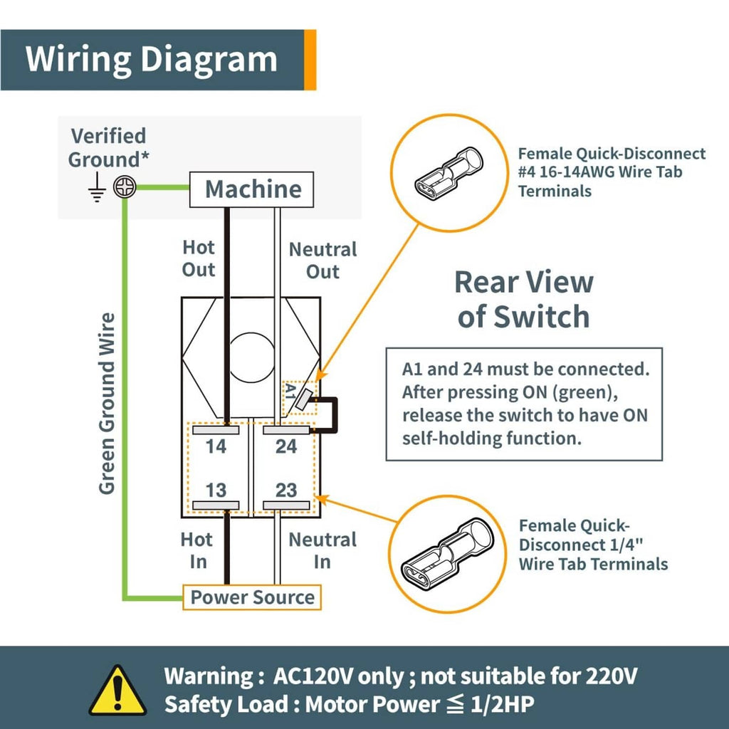 Switch wiring diagram showing hot and neutral connections and rear view