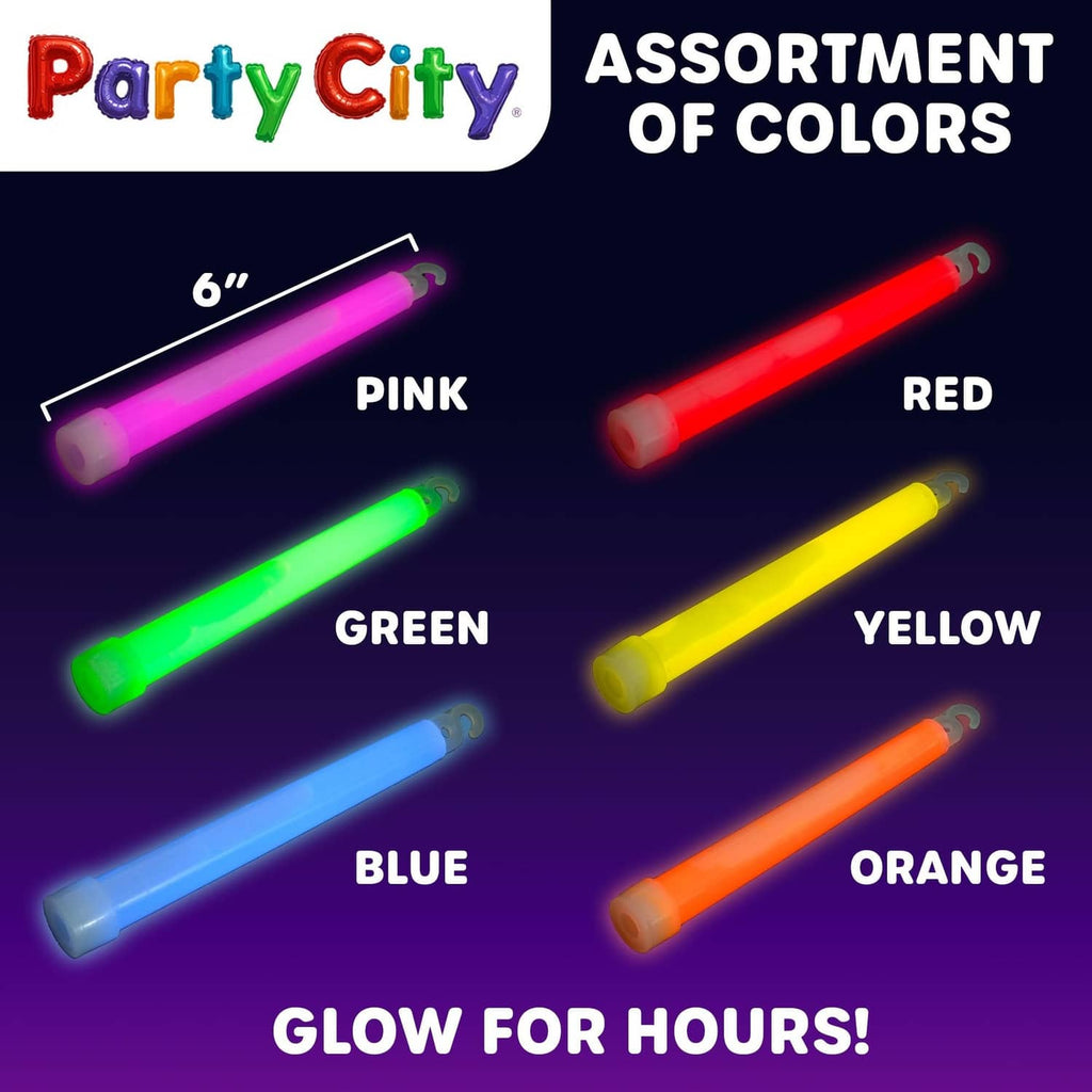 Assorted 6-inch glow sticks in pink, red, green, yellow, blue, orange