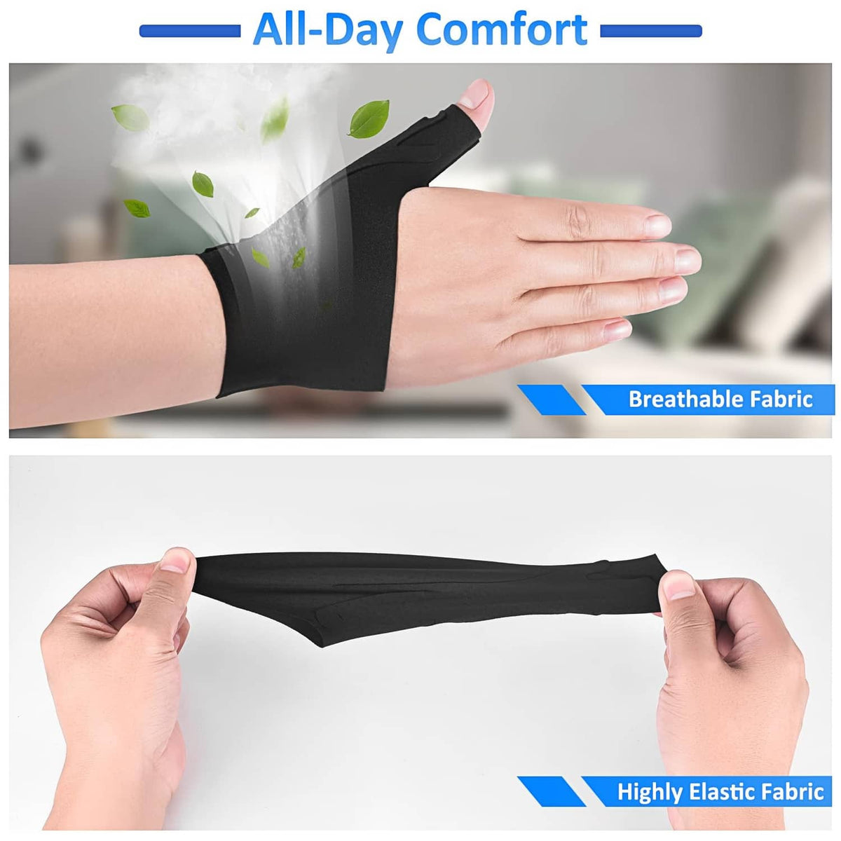 Black thumb wrist brace with elastic fit and thumb stabilization panel
