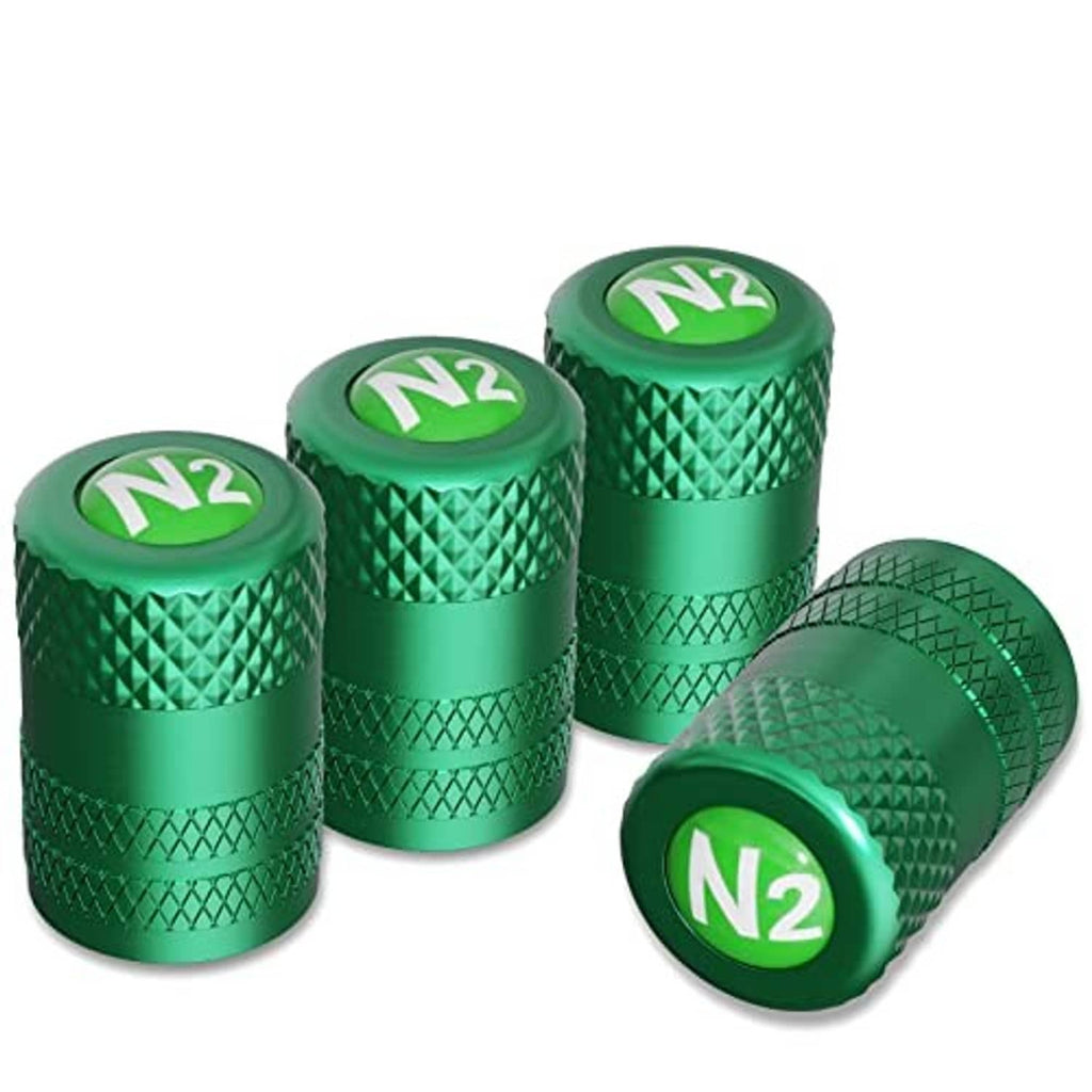 Green anodized aluminum tire valve stem caps set, textured grip, N2 logo (4 pcs)