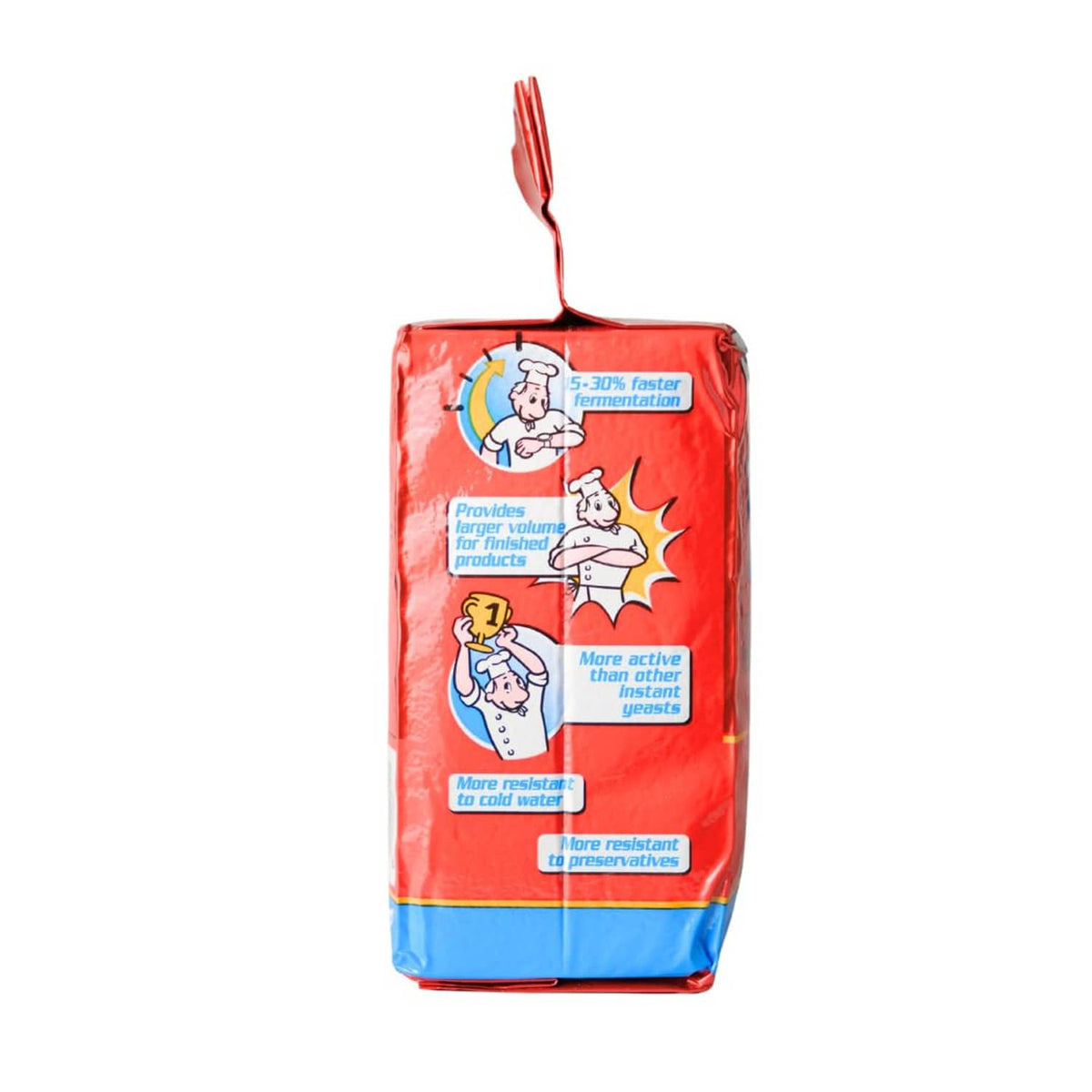 Red yeast pouch with side label and active instant yeast benefits graphic