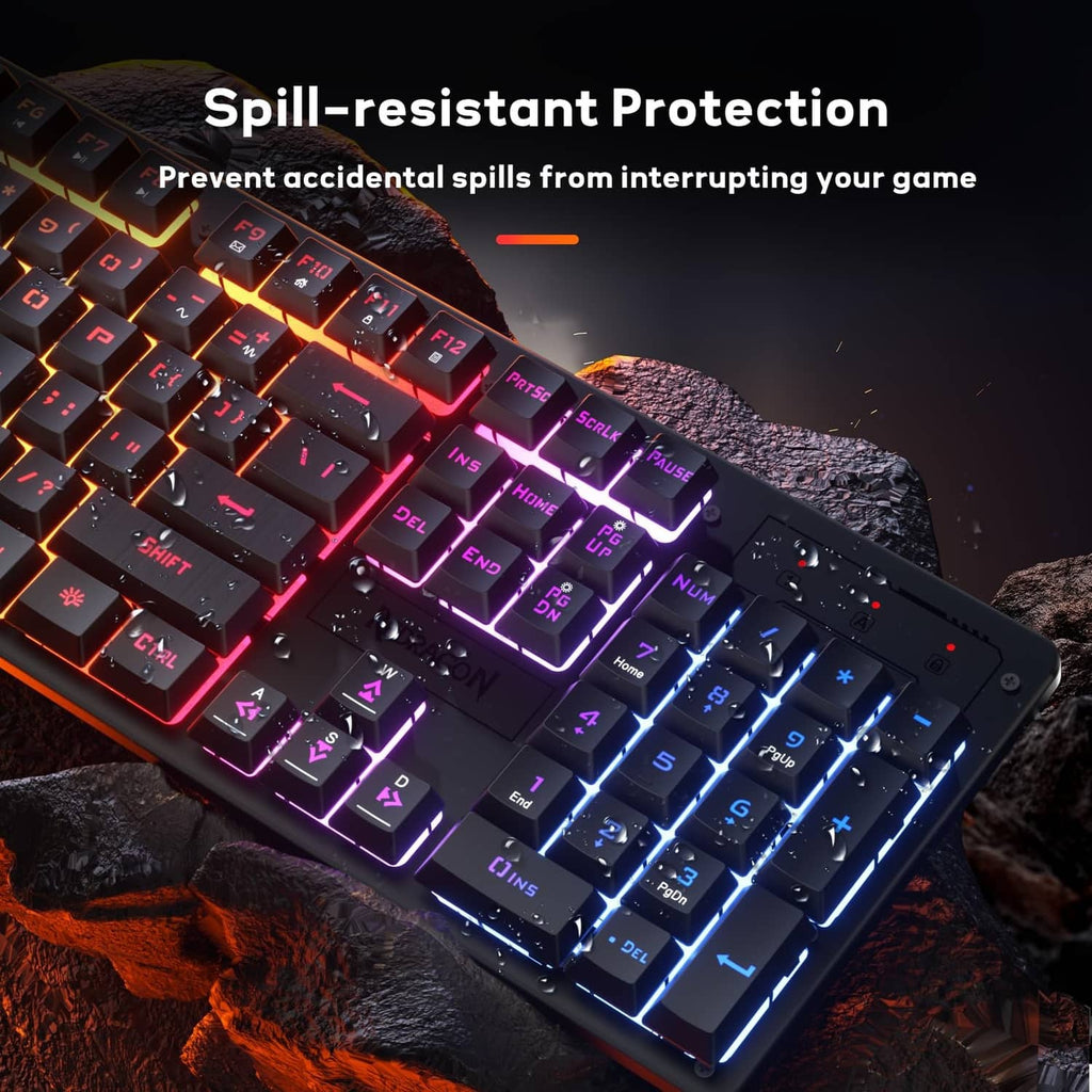 Black gaming keyboard with rainbow LED backlit keys and illuminated function row