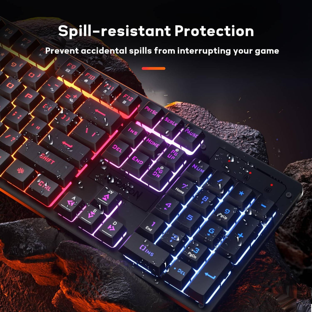 Black gaming keyboard with rainbow LED backlit keys and illuminated function row