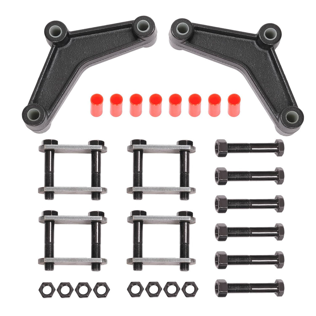 Steel trailer shackle kit set with two curved arms, bolts, nuts, and washers