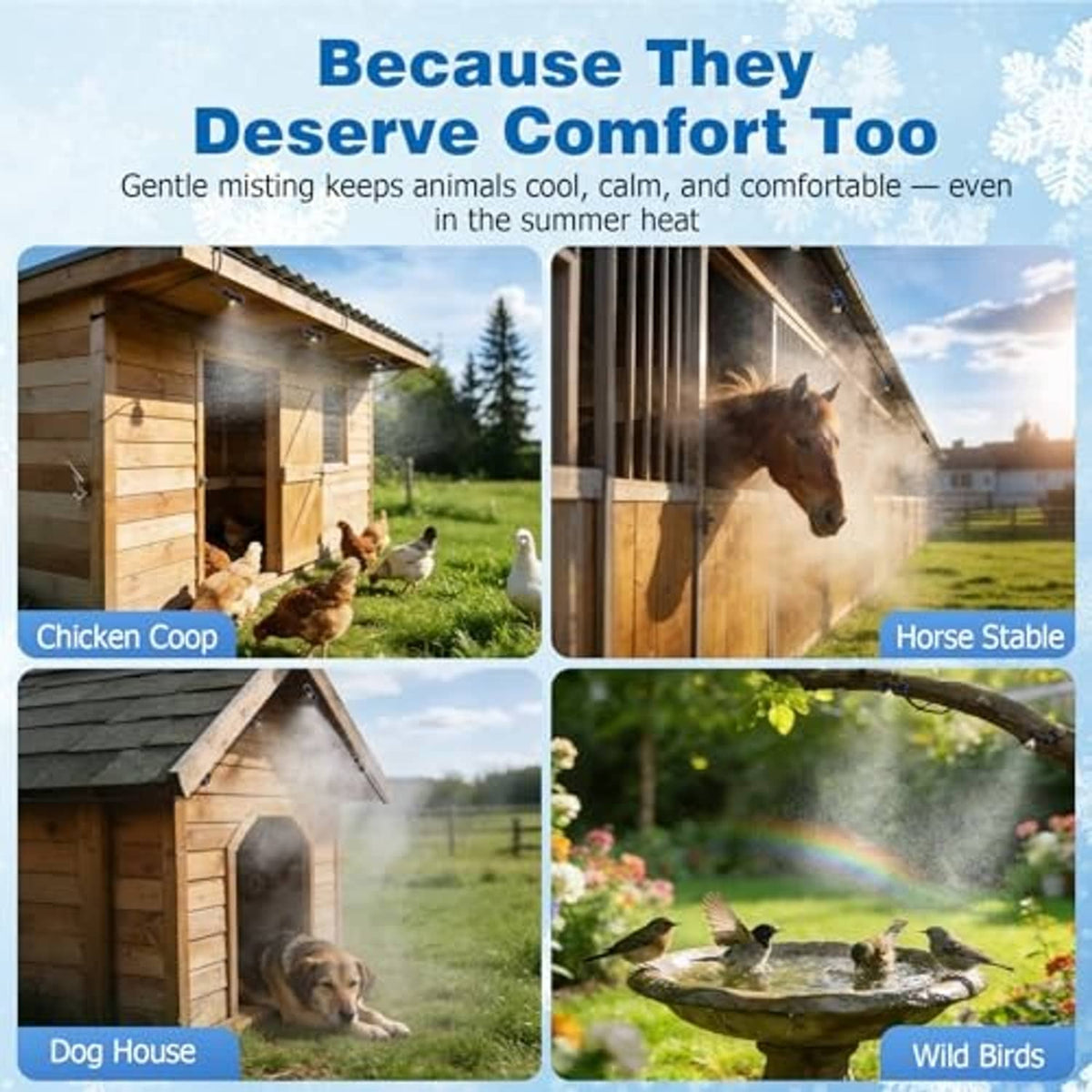 Outdoor misting cooling system spraying fine mist around animal shelter areas
