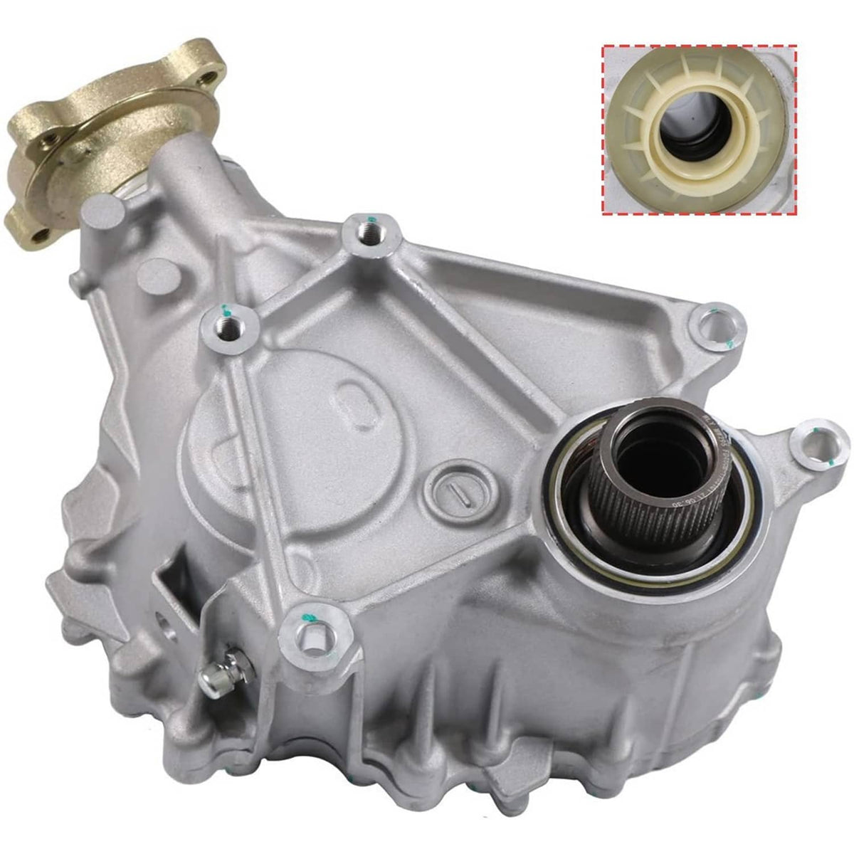 Transfer case assembly with black rubber seal, brass flange, and seal close-up inset