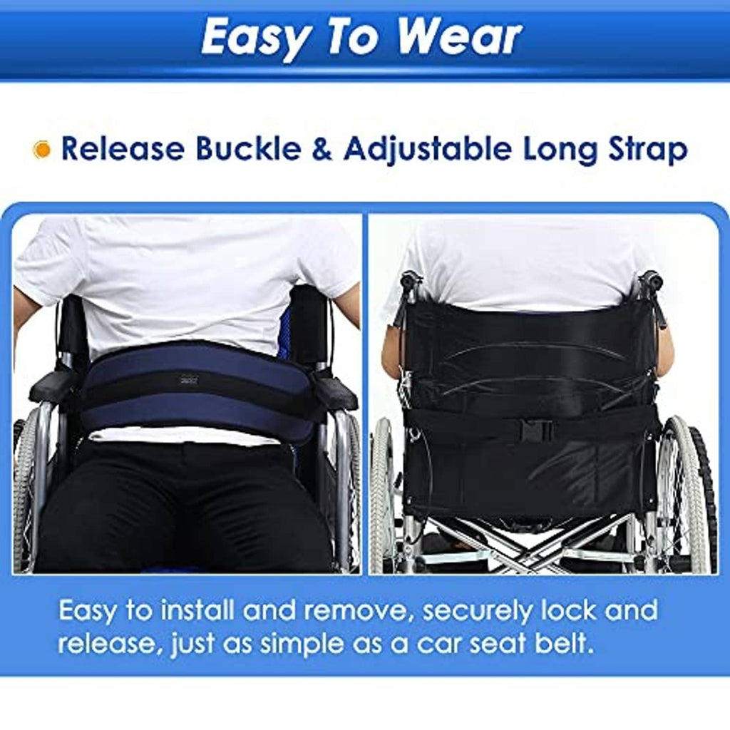 Wheelchair seatbelt restraint installed on a wheelchair with adjustable straps