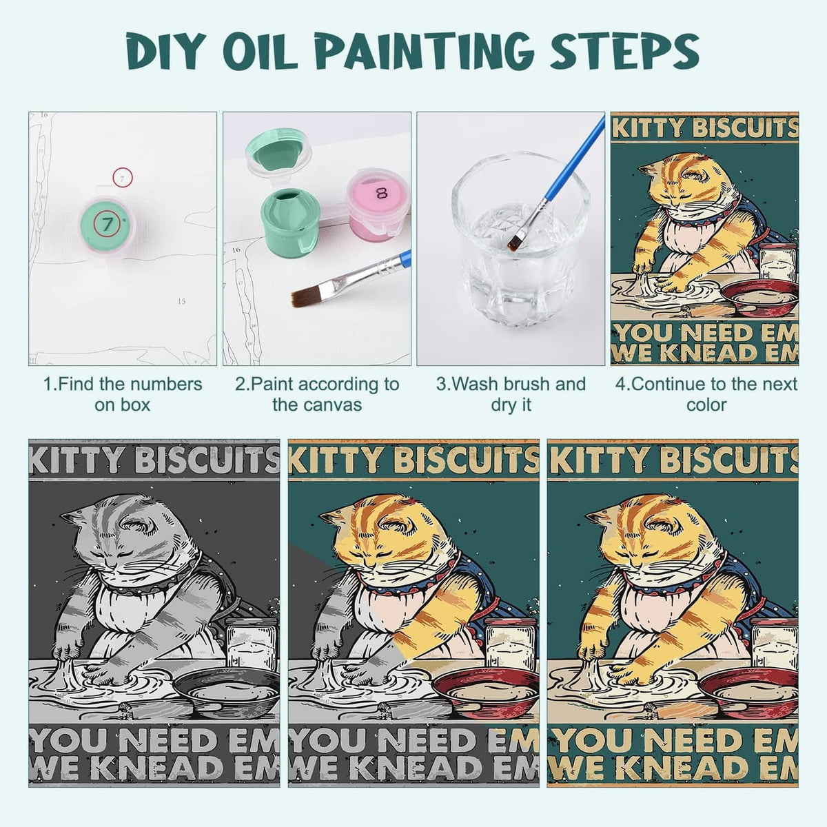 Cat paint-by-numbers kit instruction steps with numbered panels and painting brush