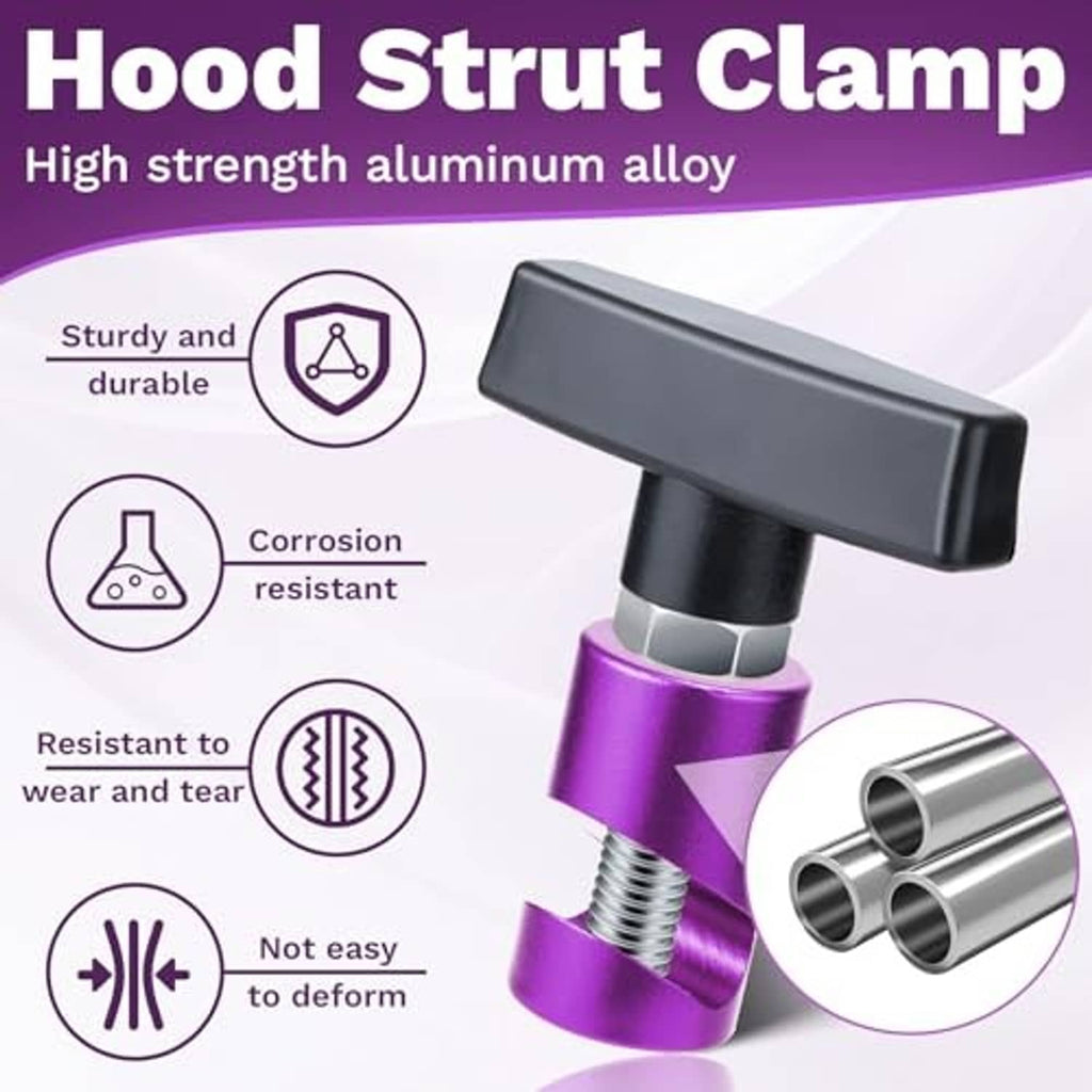 Purple hood strut clamp with black handle, threaded screw, and aluminum alloy body.