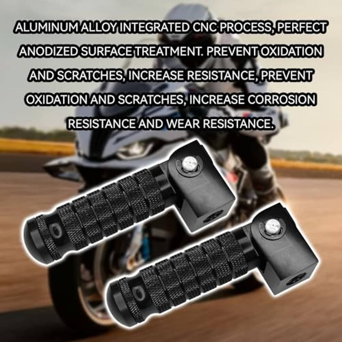 Black foot peg pair with textured grips and integrated square mounting plates